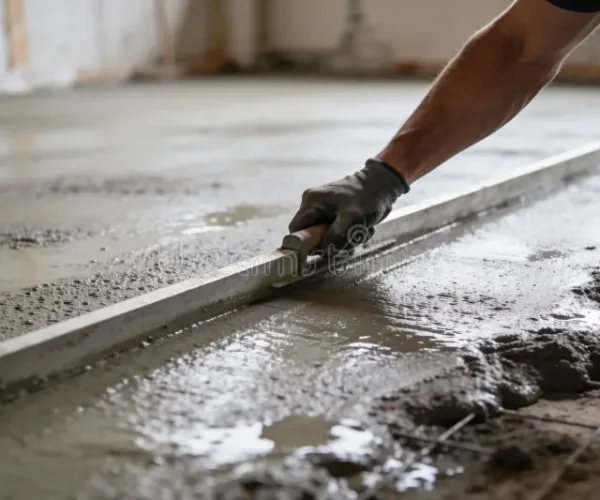 construction-worker-smoothing-wet-concrete-floor-screed-tool-level-finish-gloved-hand-guides-long-across-freshly-poured-435841638